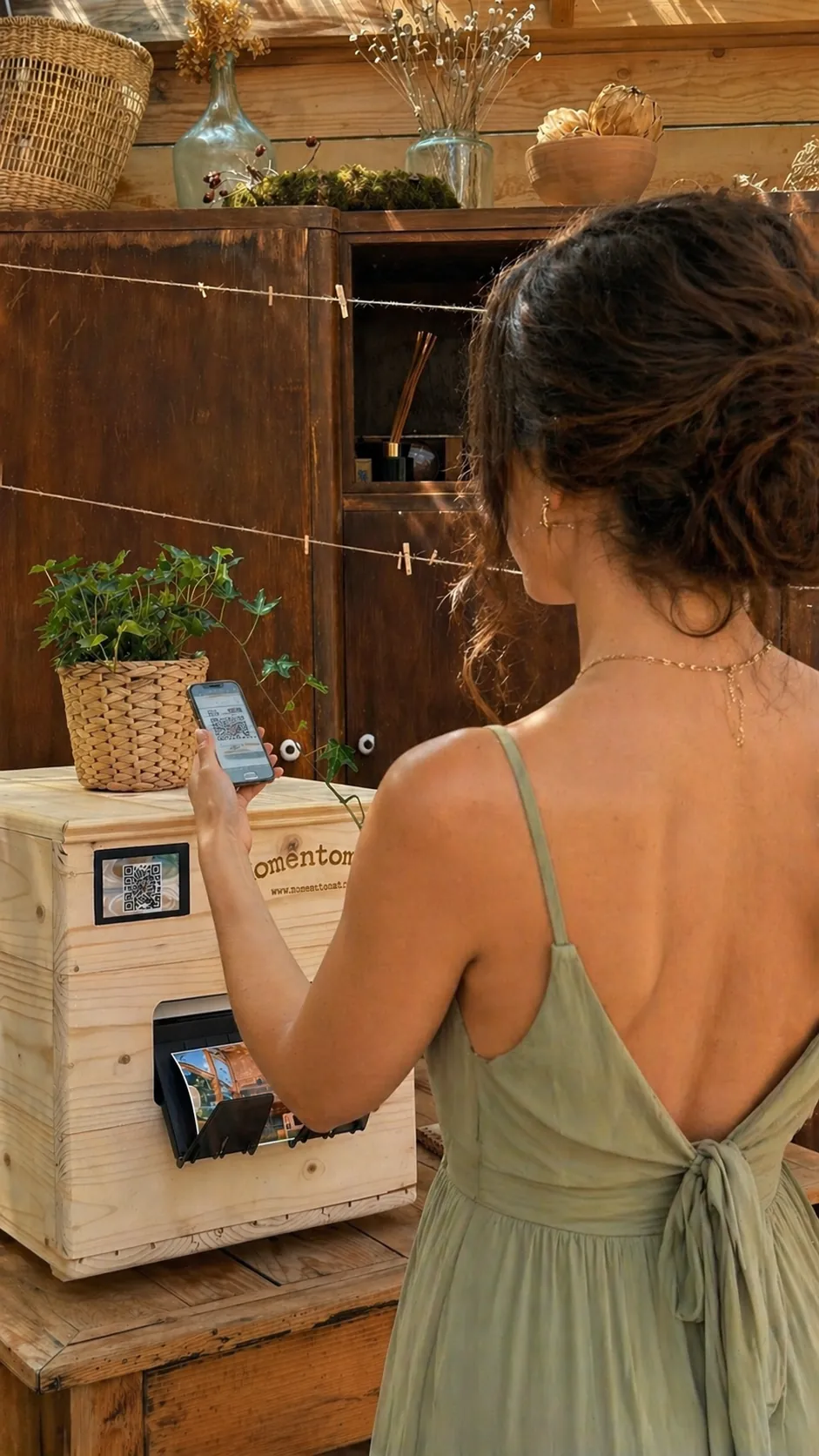Invitat care scaneaza codul QR al printerului foto Momentomat cu telefonul, la un eveniment
